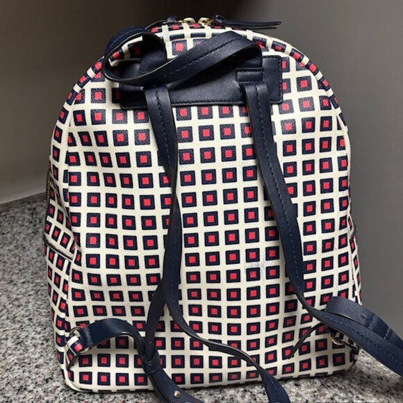 Tory Burch Kerrington Milano Square Backpack Geo Print Navy Red | EUC - Picture 3 of 9